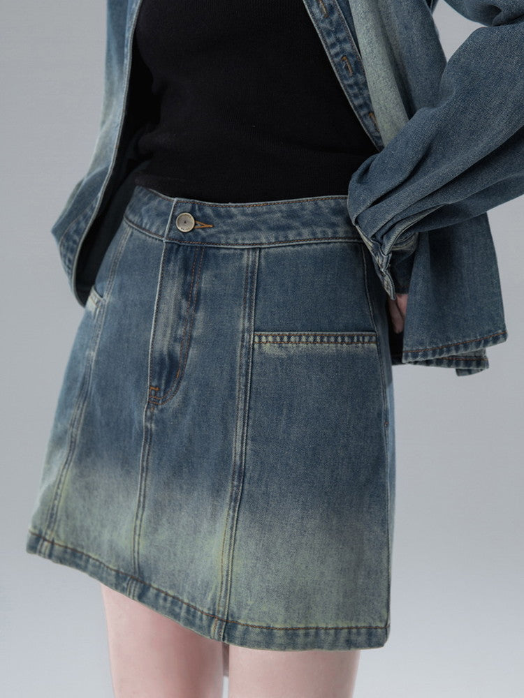 Shirt&Mini-Skirt Denim Gradation Casual Set-Up