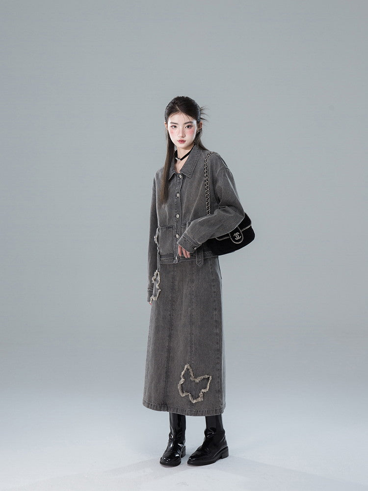 Shirt&Long-Skirt Demin Butterfly Tassel Vintage Set-Up