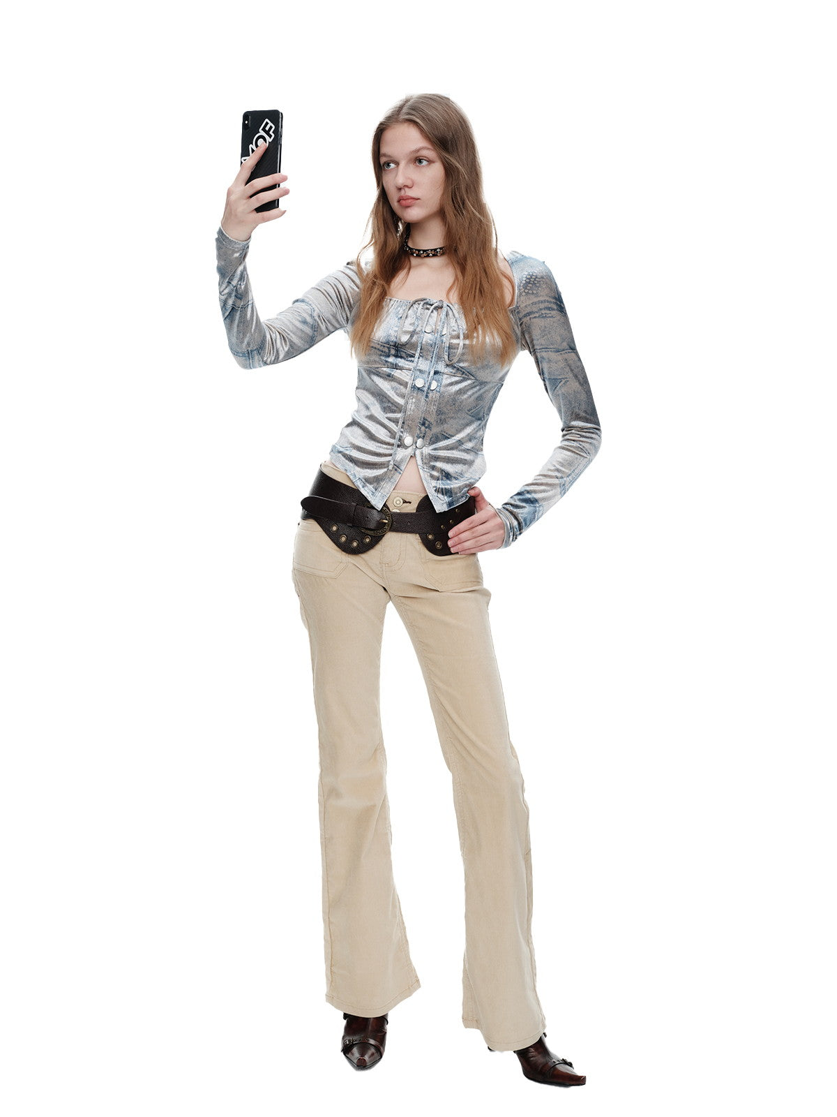 Fake-Denim Velvet Smooth Nichi Set-Up Tops&Long-Skirt