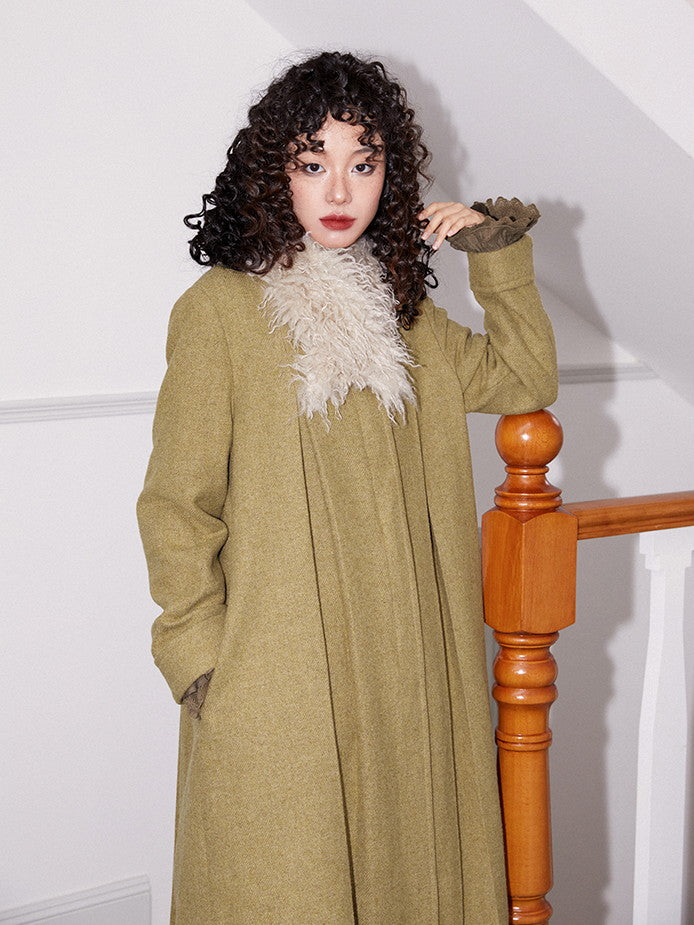 Fur-Collar Plain Flare Simple Elegant Long-Coat