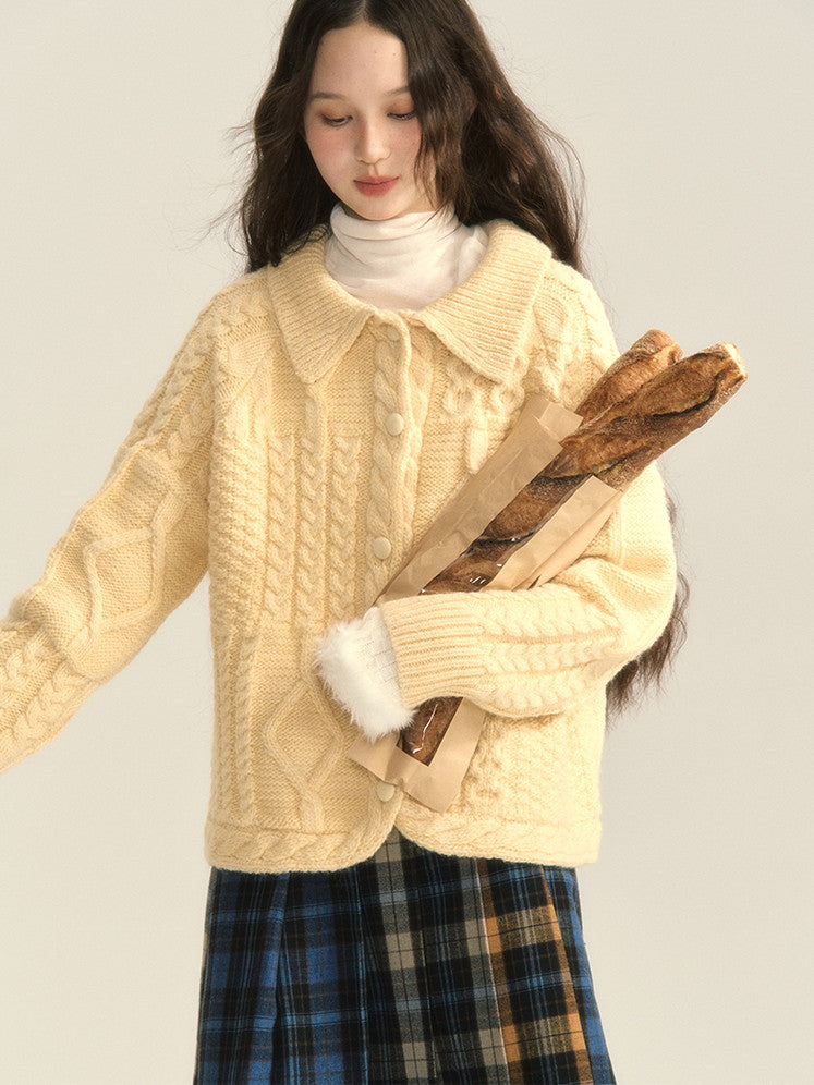 Button Retro Polo-Neck Cardigan Cable-Knit