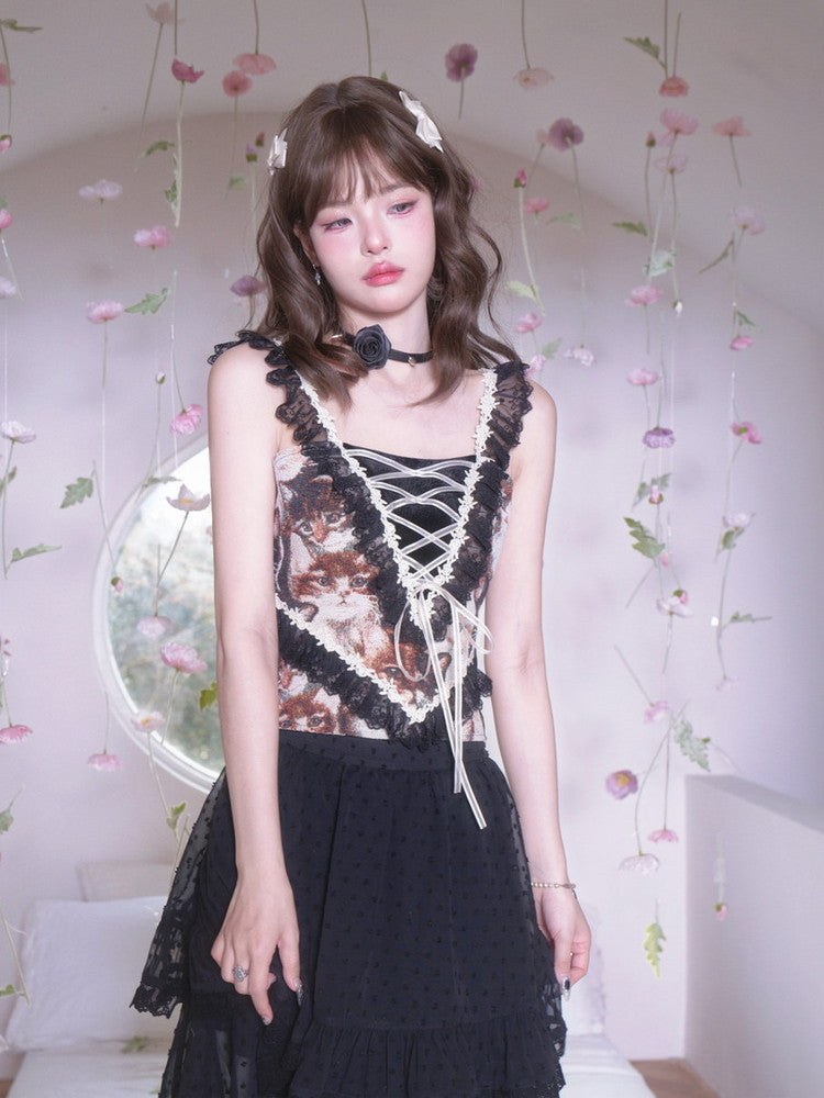 Lace Lace-Up Elegant Flower Gothic Frill No-Sleeve Tops