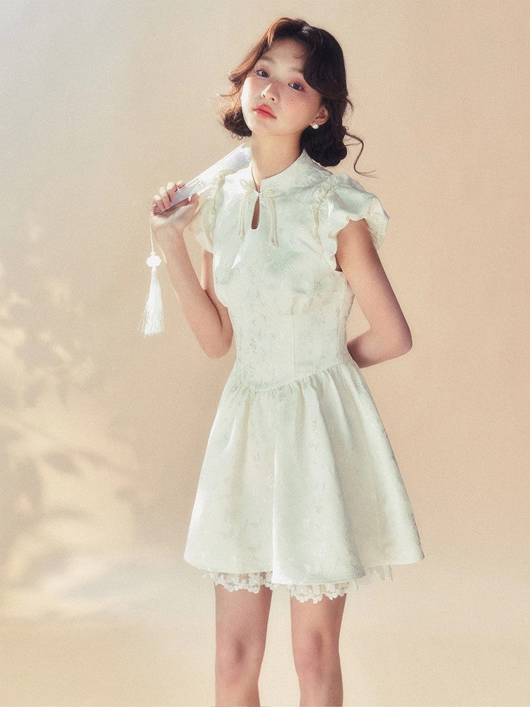 Embroidery Puff-Sleeve Frill Flower Lace Flare Dress