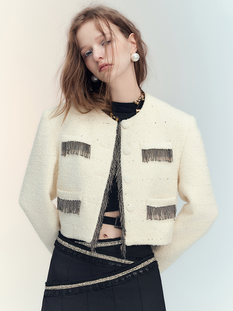 Tassel Wool No-Collar Chic 고급 재킷 미니 스커트