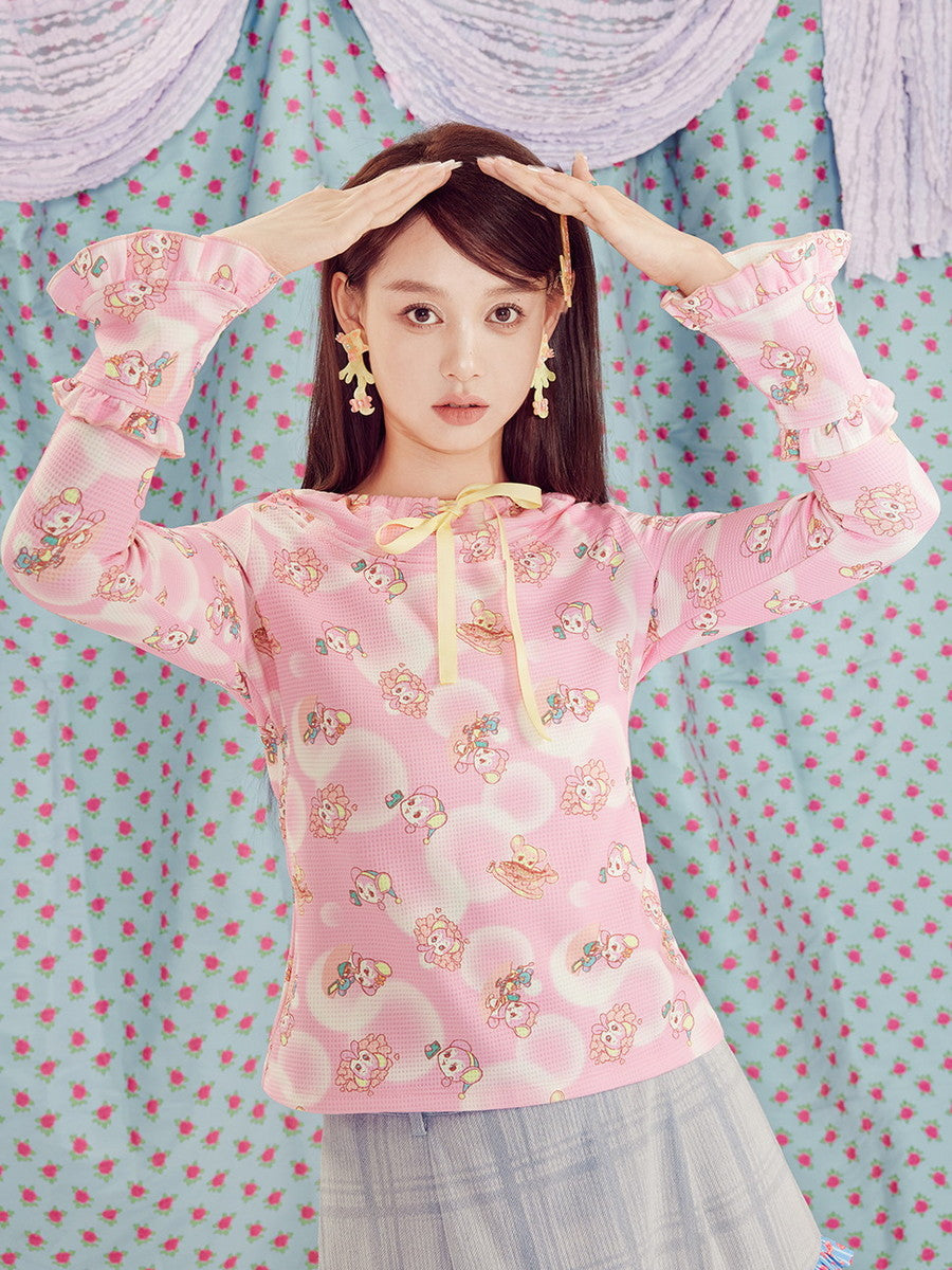 Flare-Sleeve Frill Ribbon Character Knit Fancy Tops