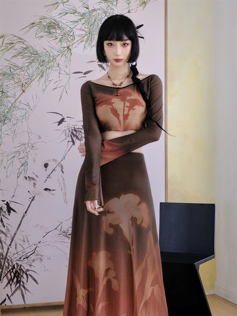 Mellow Gradation Short Nichi Flare-Sleeve Flower Cutsew&Long-Skirt