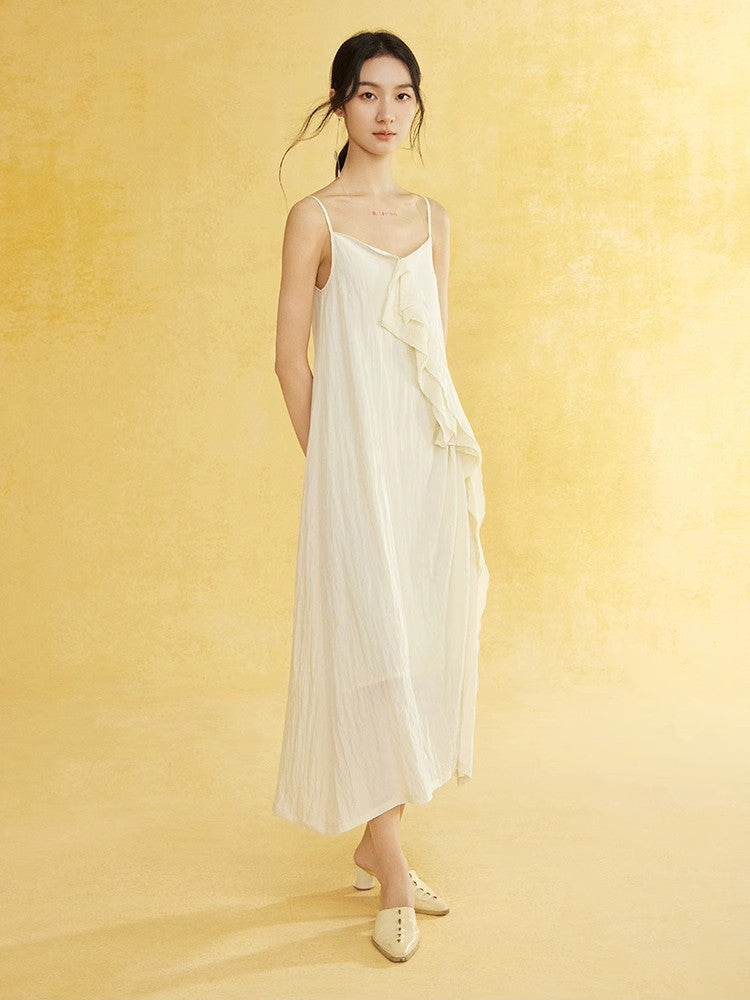 Long Natural Camisole Ruffle Retro Plain One-Piece