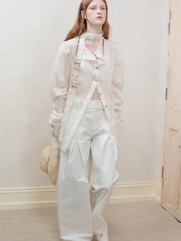 Oversize Wrinkled Sheer Chic Long-Scarf&Shirt