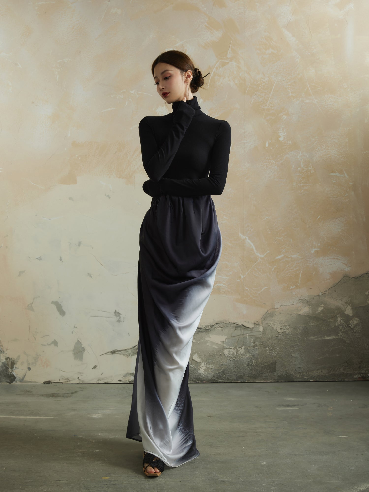 Knit Gradation Drape High-Neck Mix Elegant One-Piece