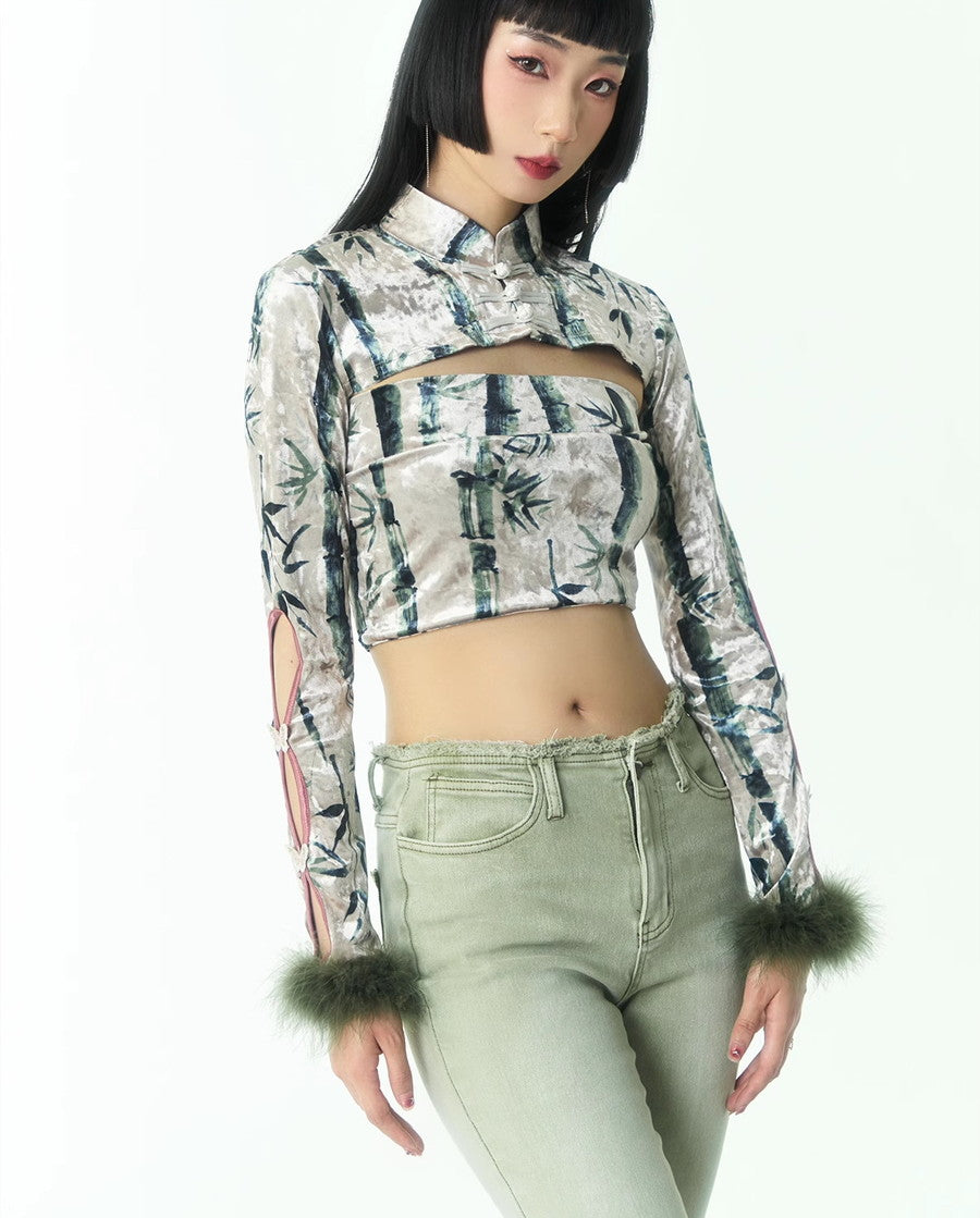 Fur China Embroidery Sleeve-Cut Banboo Nichi Bolero