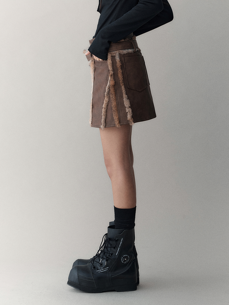 Leather&Fur Short Nichi Trapezoid Mini-Skirt