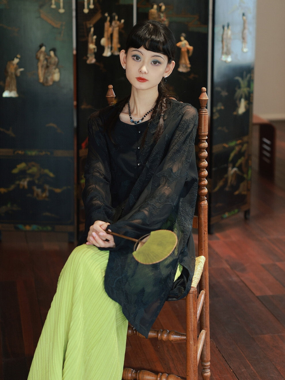 Crumply Pleats Simple Retro Long-Skirt