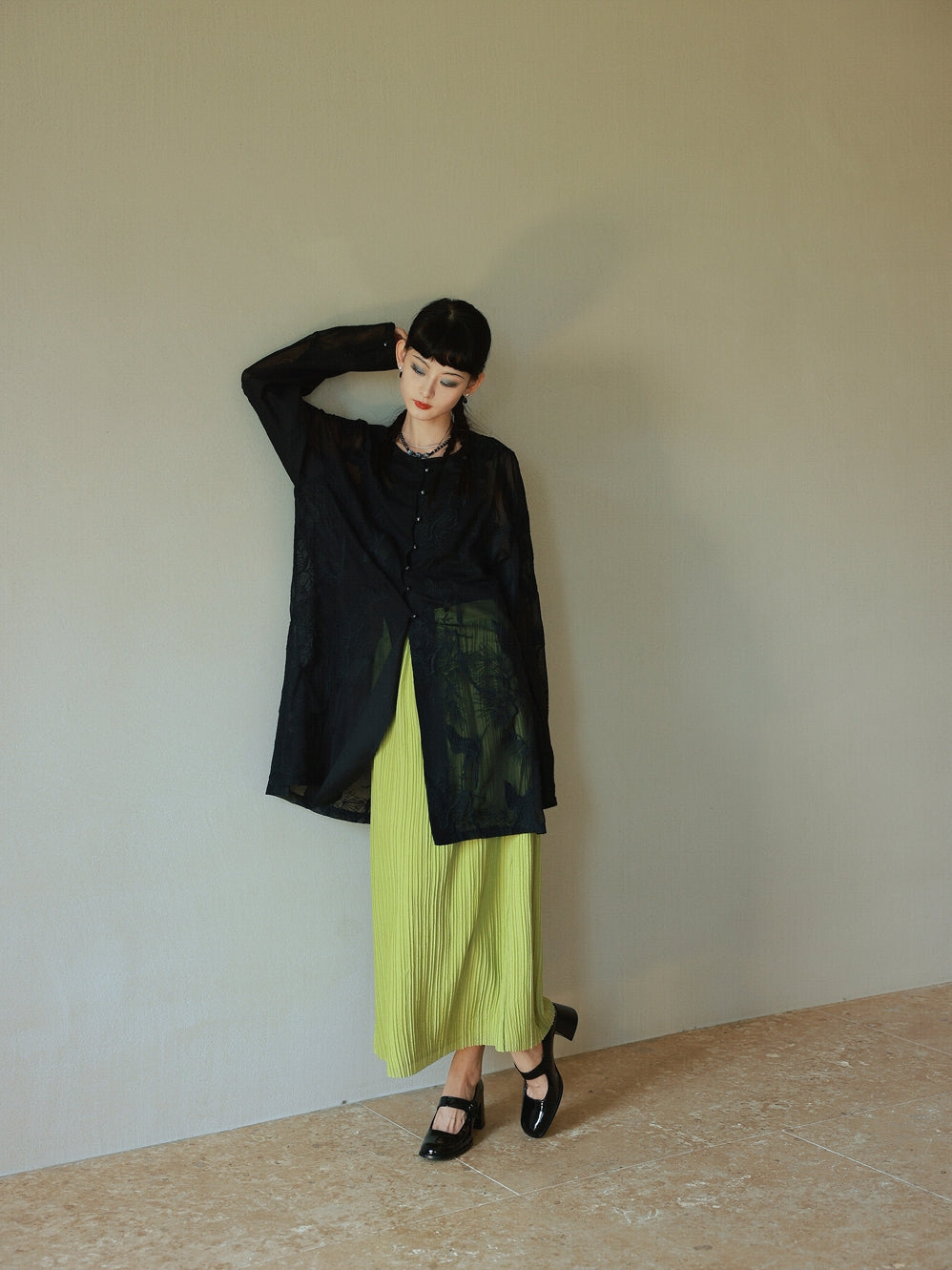 Crumply Pleats Simple Retro Long-Skirt