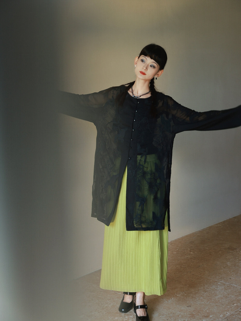 Crumply Pleats Simple Retro Long-Skirt