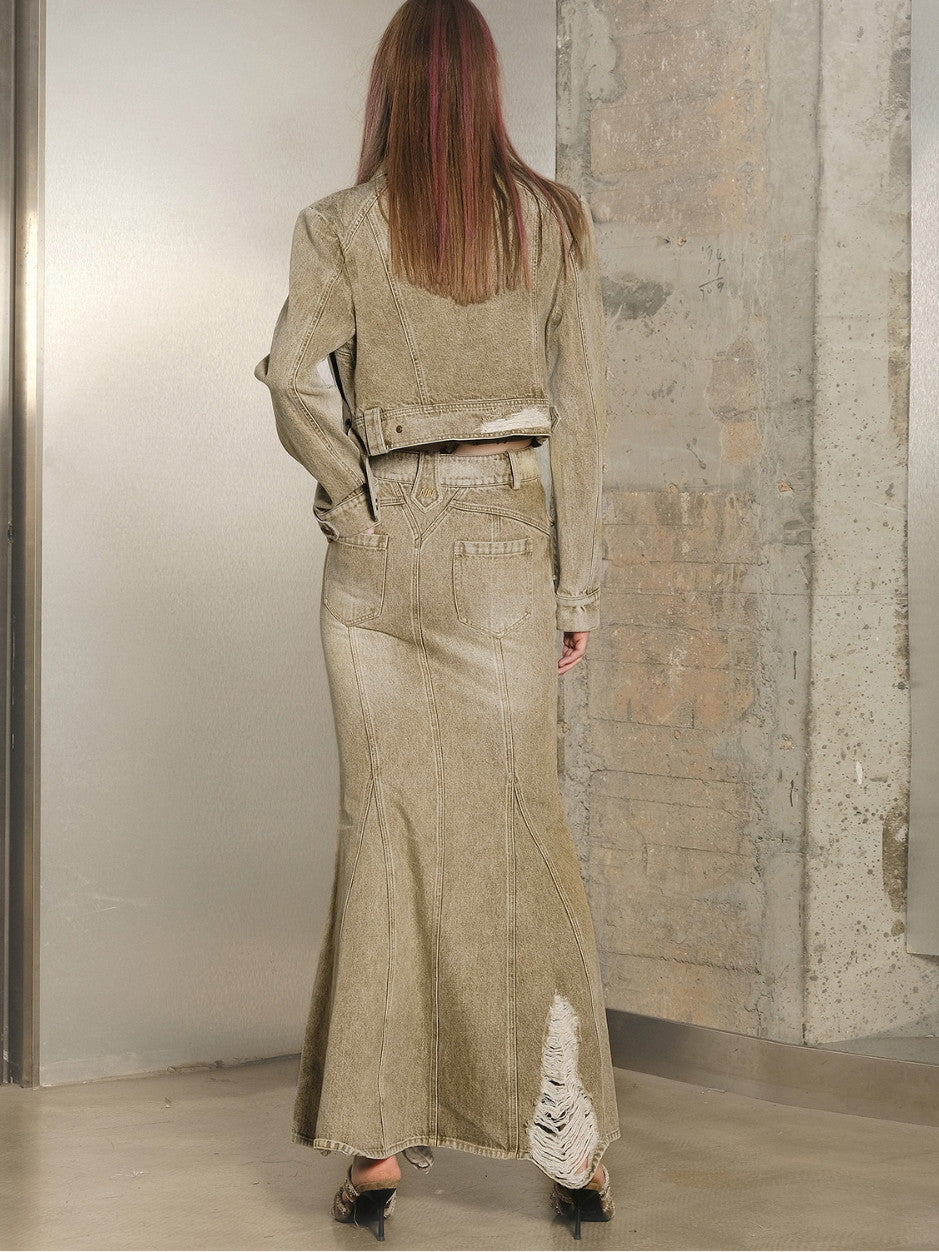 데님 세척 빈티지 인어 재킷 및 장거리 스커트