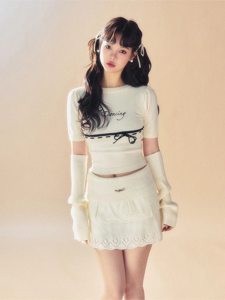 Ribbon à bras en tricot en tricot chic Girly mignons tops et mini-jupe