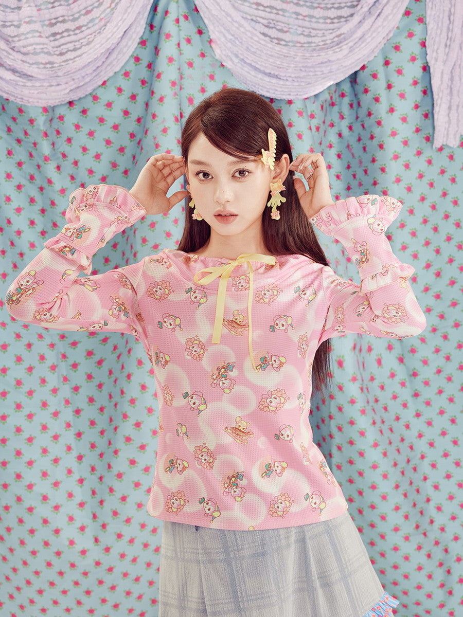 Flare-Sleeve Frill Ribbon Character Knit Fancy Tops