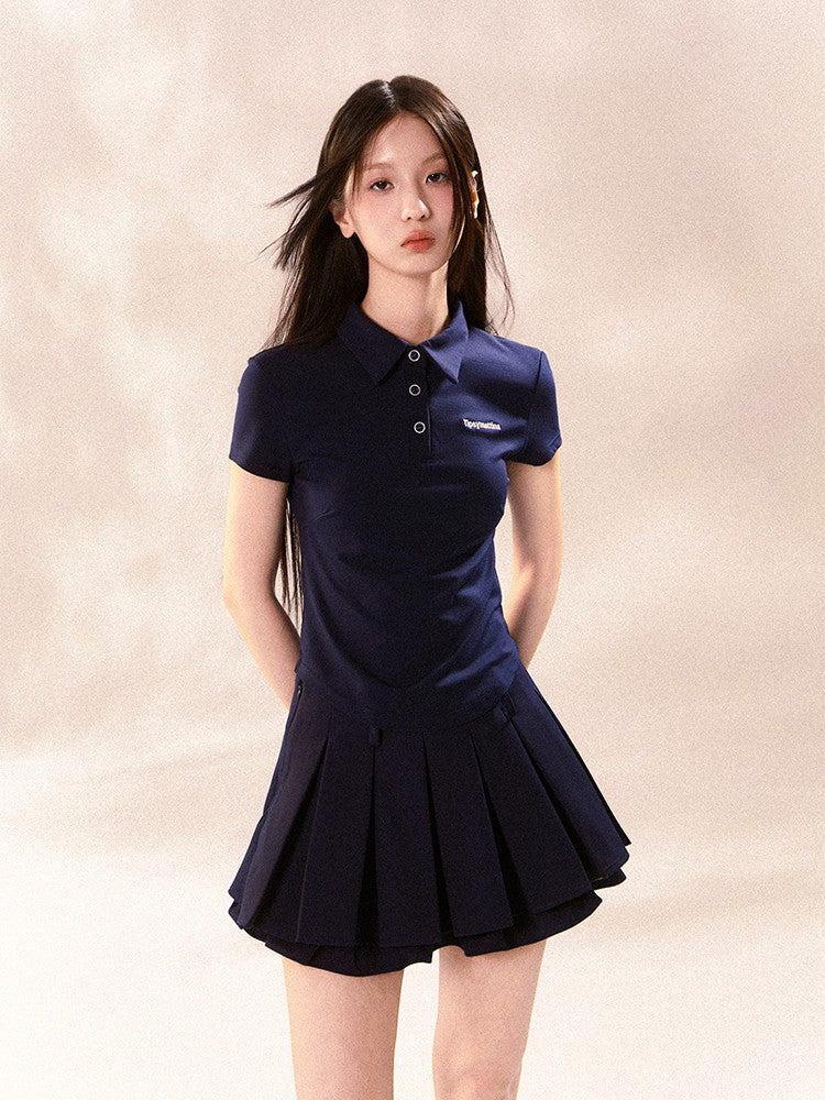 Set-Up Sports Casual Simple Pleats Polo-Shirt&Mini-Skirt