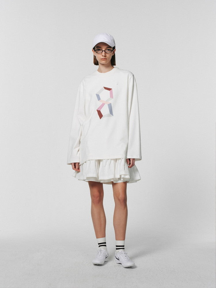 대형 간단한 그래픽 승무원 긴 T- 셔츠