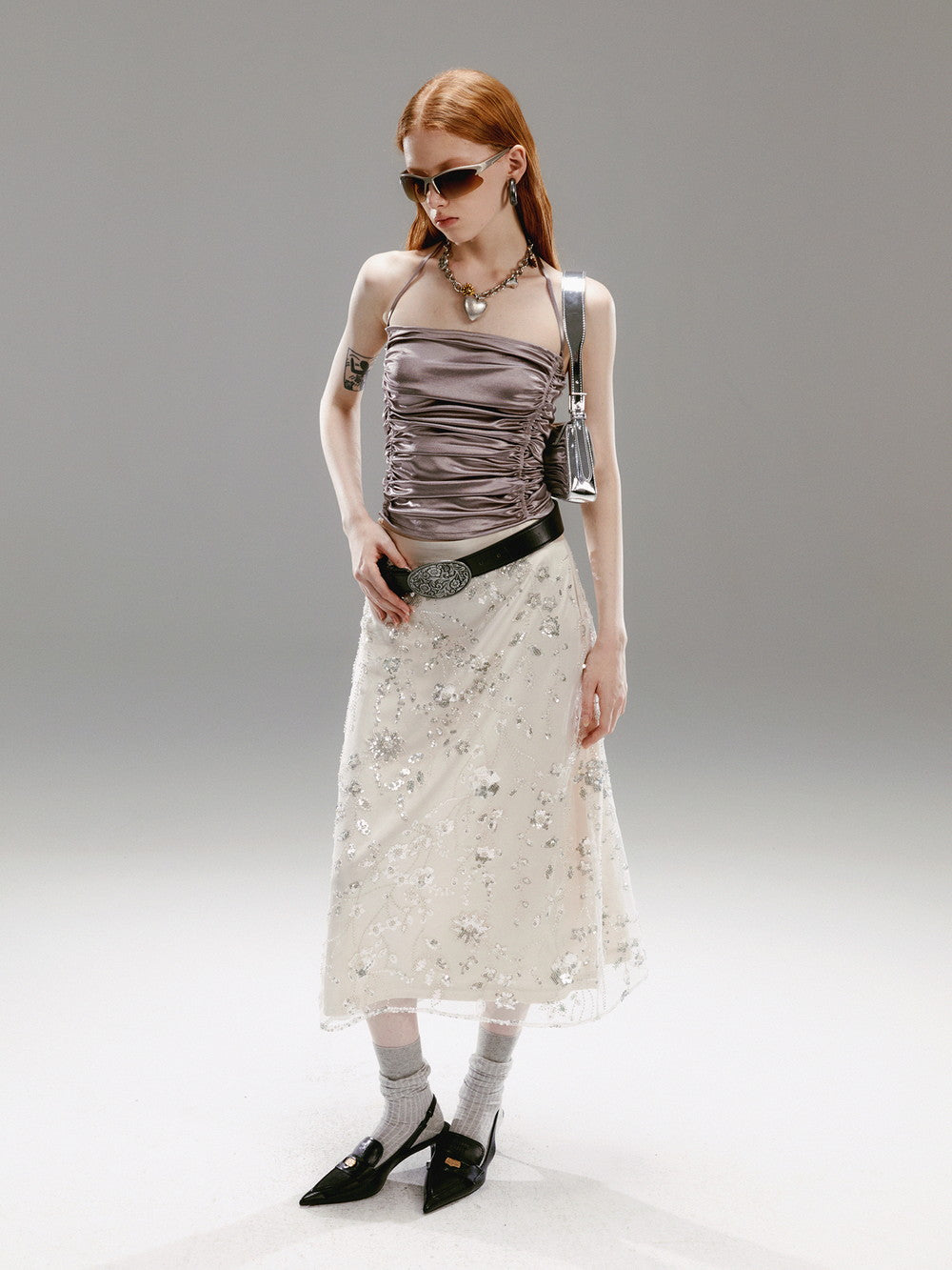 Sequin Elegant Lace Beads Flower Camisole&Skirt