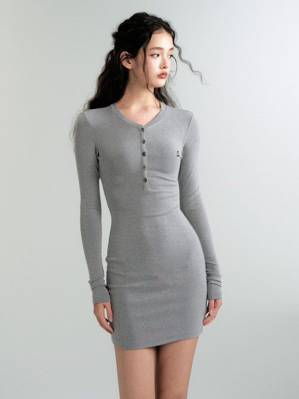 Knit Tgith Short V-Neck Long-Sleeve Simple Dress