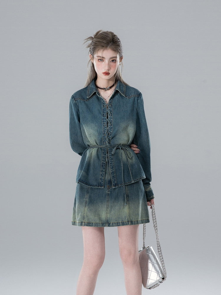 Shirt&Mini-Skirt Denim Gradation Casual Set-Up