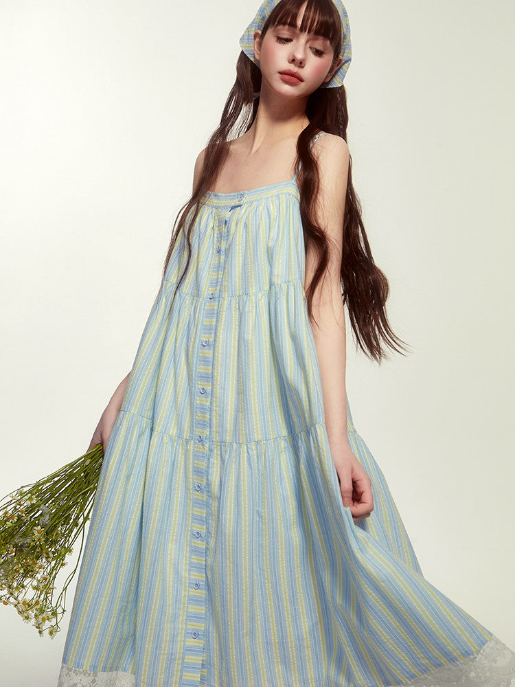 Camisole Lace Stripe Flare Button Layered Casual Dress