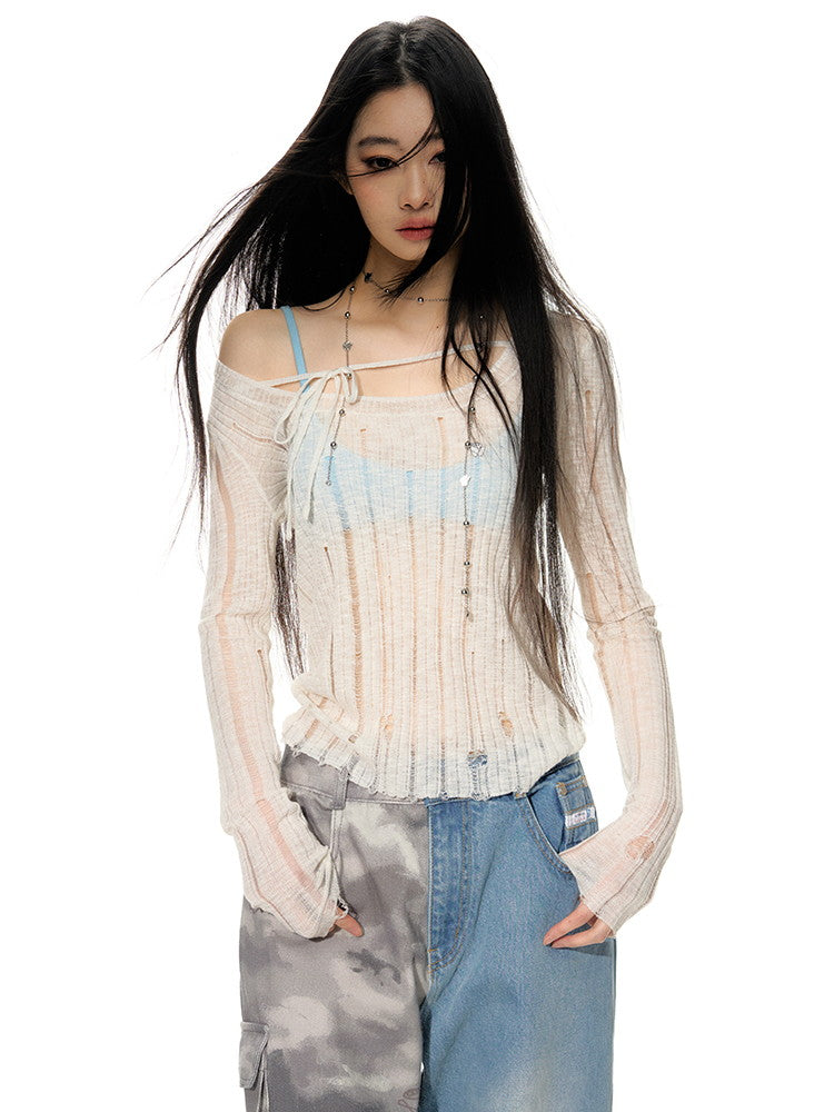 깎아 지른 저가 게이지 캐주얼 한 숄더 메쉬 니치 니트