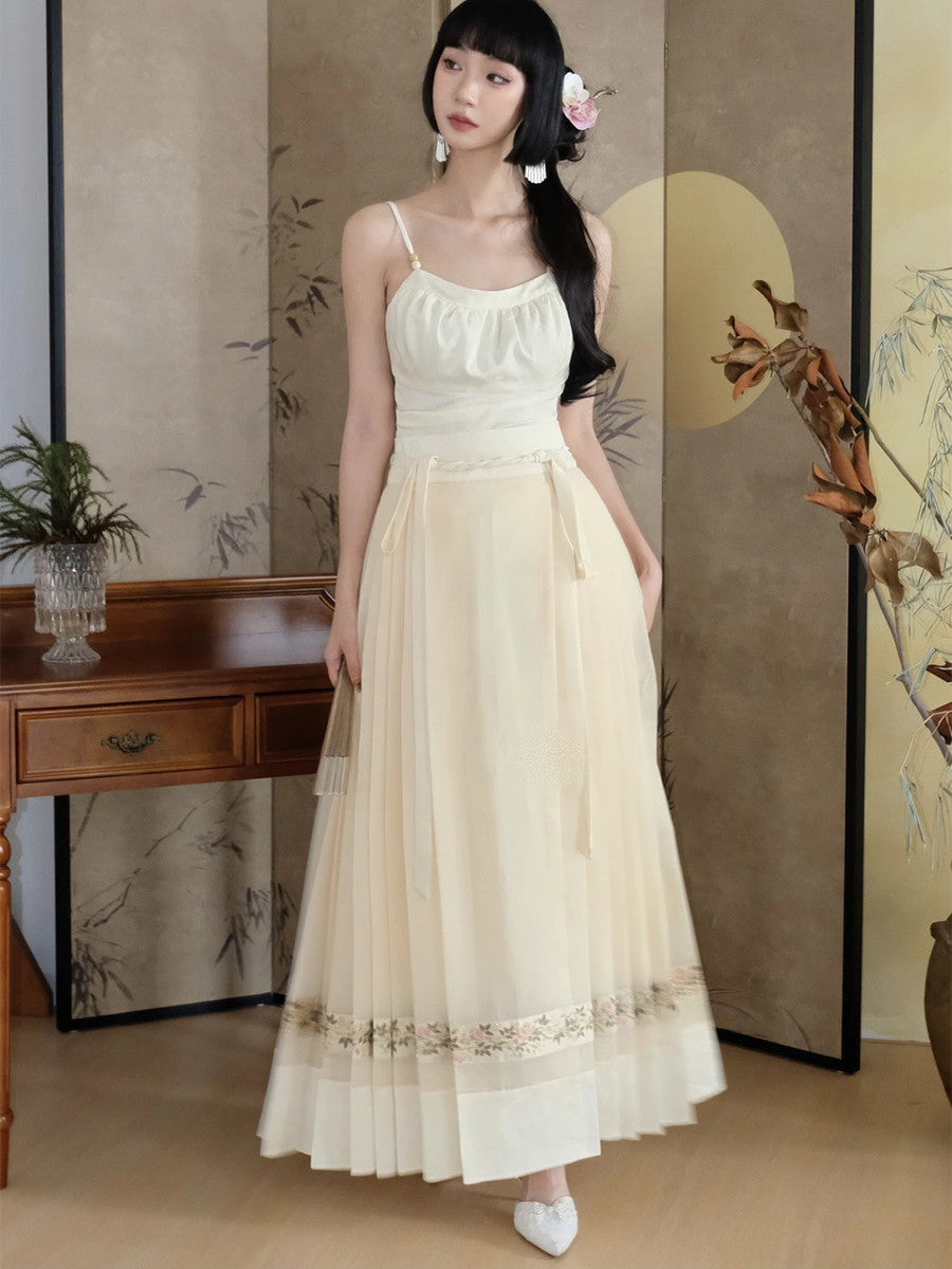 Embroidery Flowr Retro Sheer Box-Pleats Long-Skirt