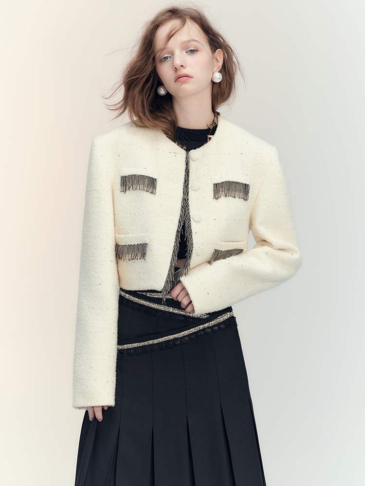 Tassel Wool No-Collar Chic 고급 재킷 미니 스커트