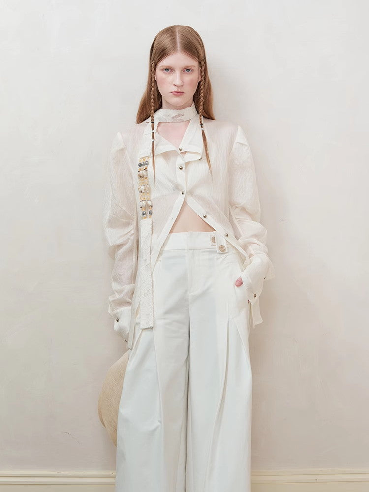 Oversize Wrinkled Sheer Chic Long-Scarf&Shirt