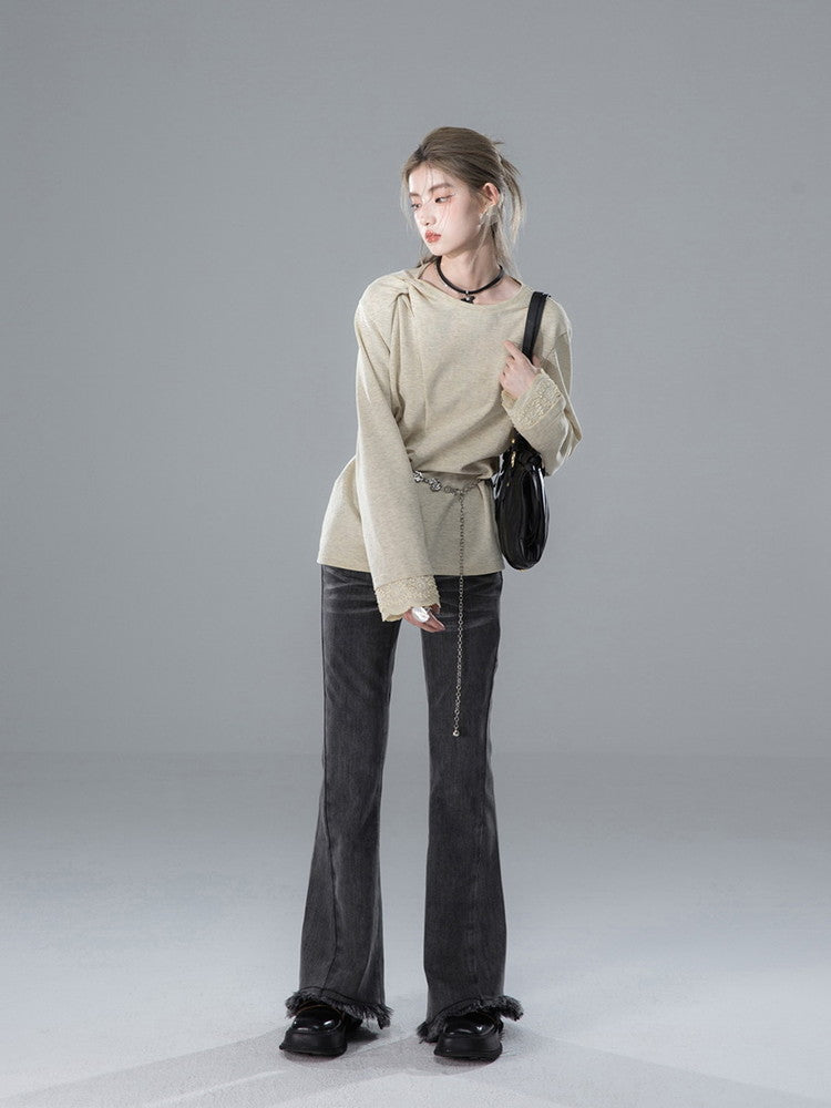 Denim Fower Wrap Cut-Off Slim Flare-Pants&Lace-Skirt