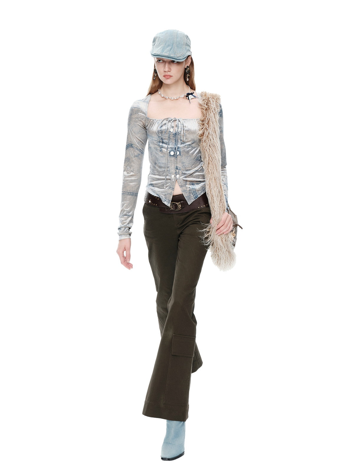 Fake-Denim Velvet Smooth Nichi Set-Up Tops&Long-Skirt