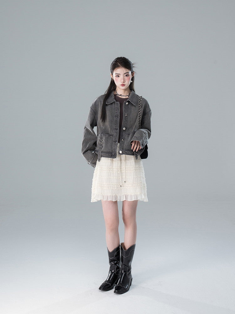 Shirt&Long-Skirt Demin Butterfly Tassel Vintage Set-Up