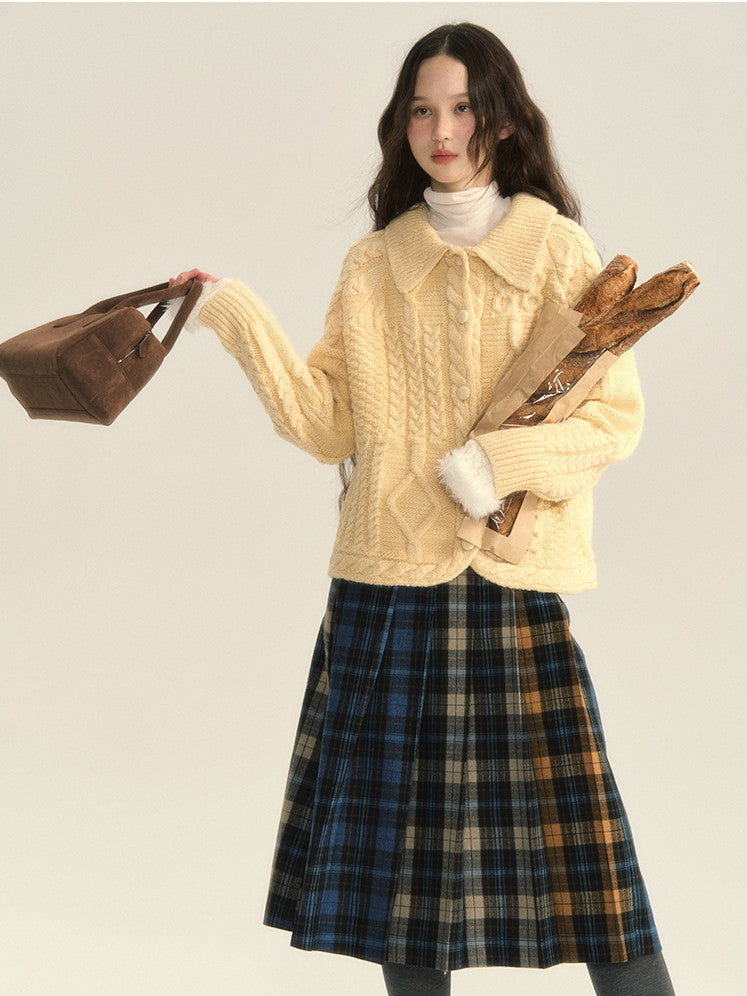 Button Retro Polo-Neck Cardigan Cable-Knit