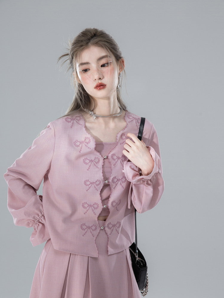 Cardigan&Long-Skirt Ribbon V-Neck Retro Set-Up