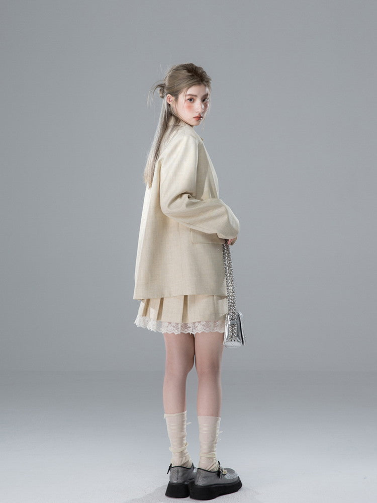 Jacket&Mini-Skirt Lace Box-Pleats Ovreszie Suit Set-Up