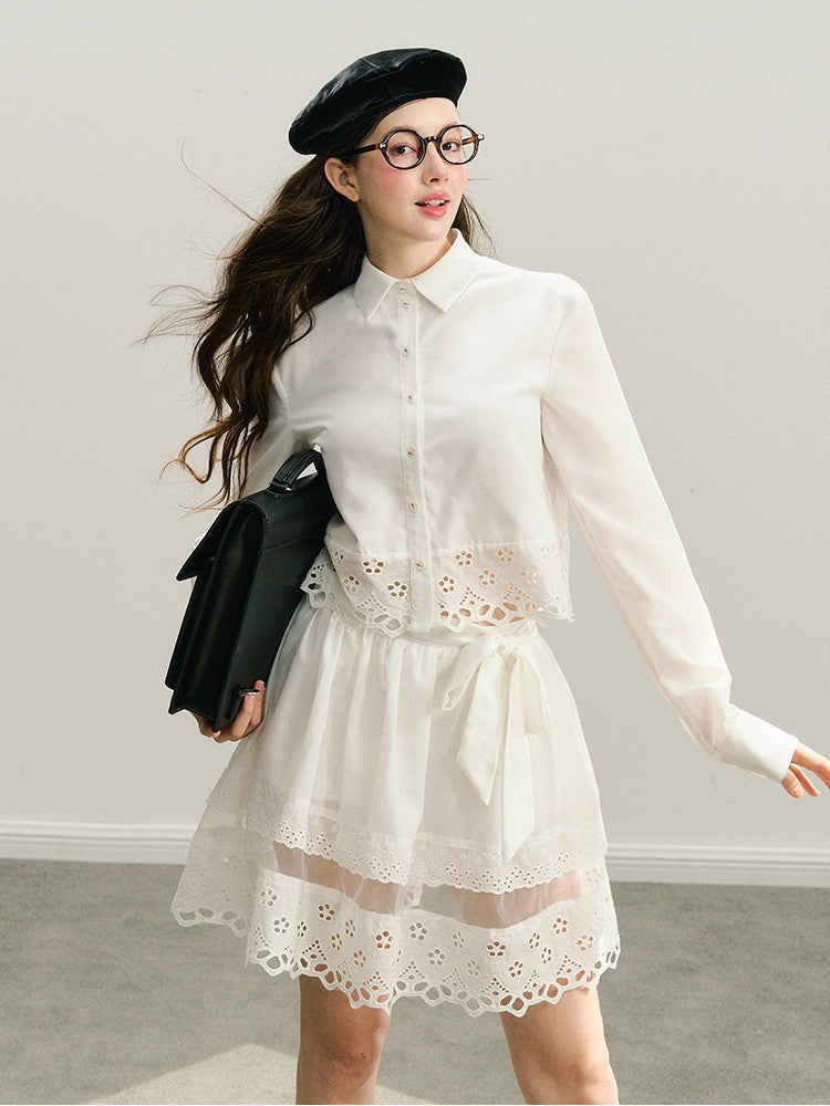 Set-Up Flower Punching Ribbon Clean Blouse&Skirt