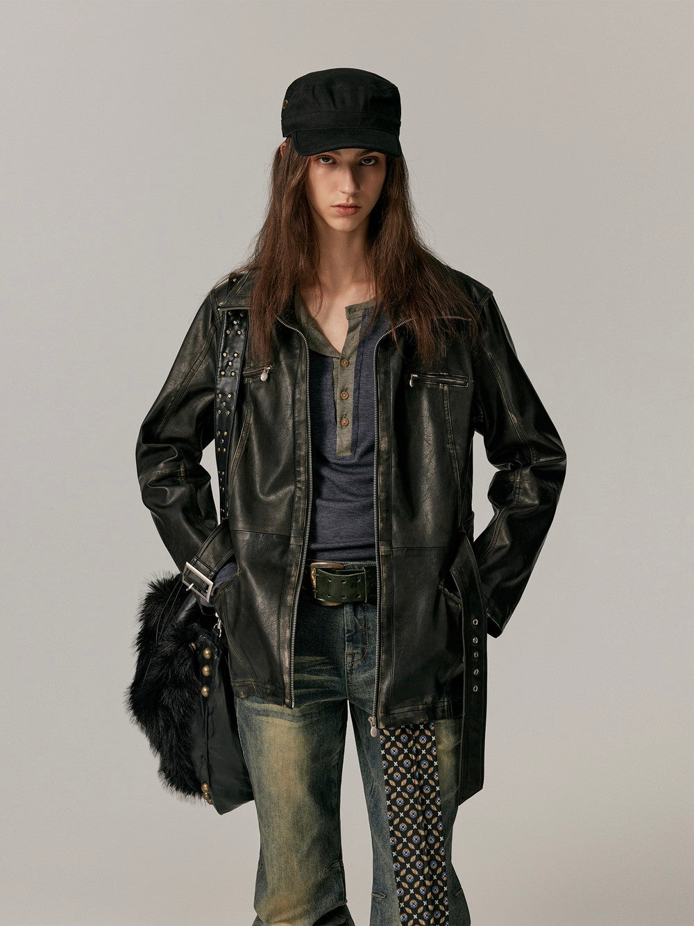 Smooth Vintage Stand-Collar Cool Loose Leather-Jacket