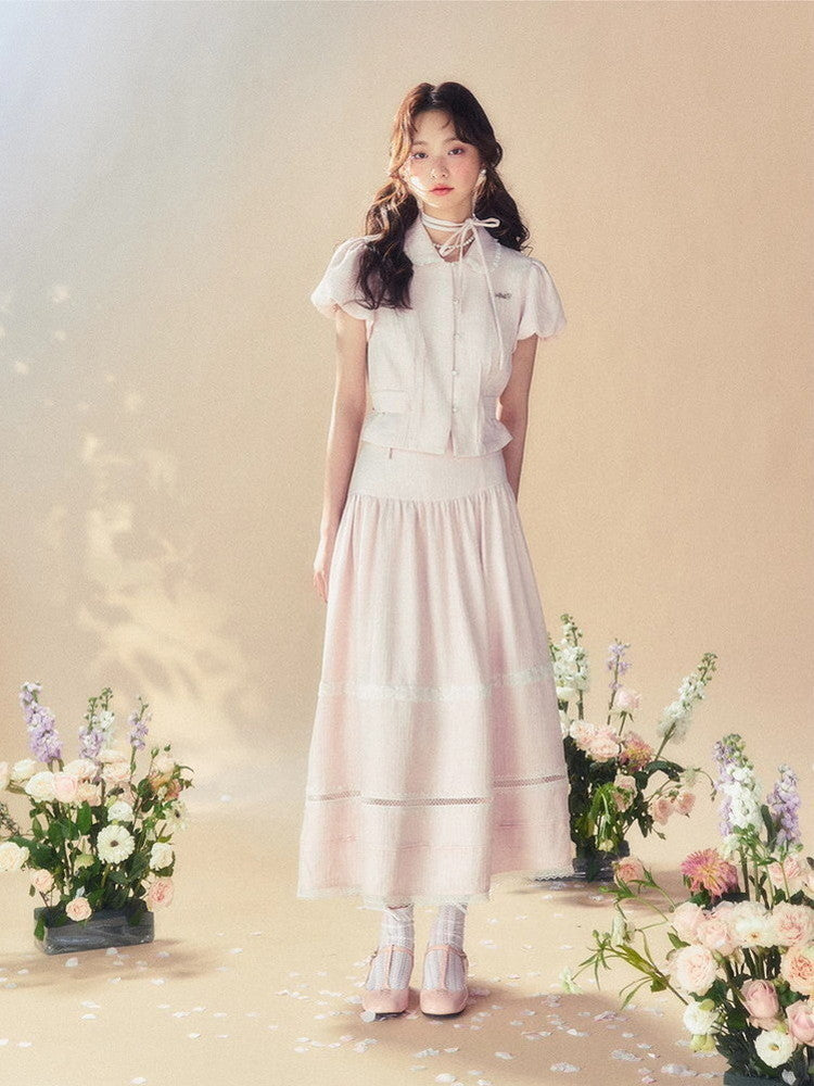 Constricted Puff-Sleeve Lace Flare Blouse&Long-Skirt