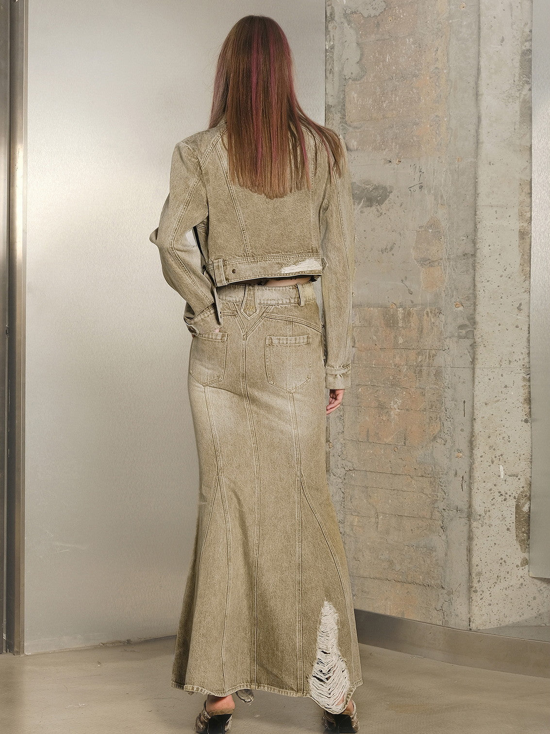 Set-Up Denim Washed Casual Mermaid Jacket&Long-Skirt