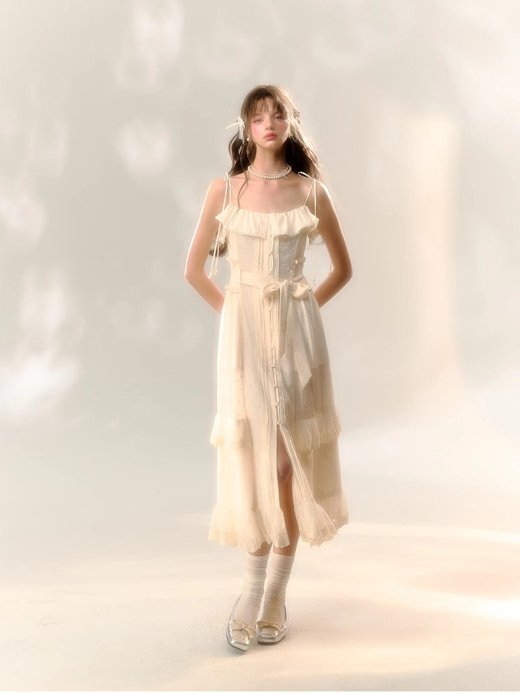 Lace Frill Camisole Ribbon Cute Long Dress