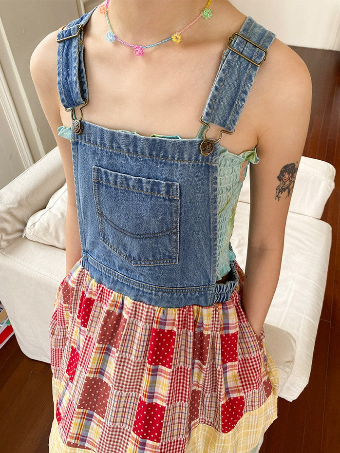 Patchwork Docking Denim Casual Checked Girly Nichi Long One-Piece
