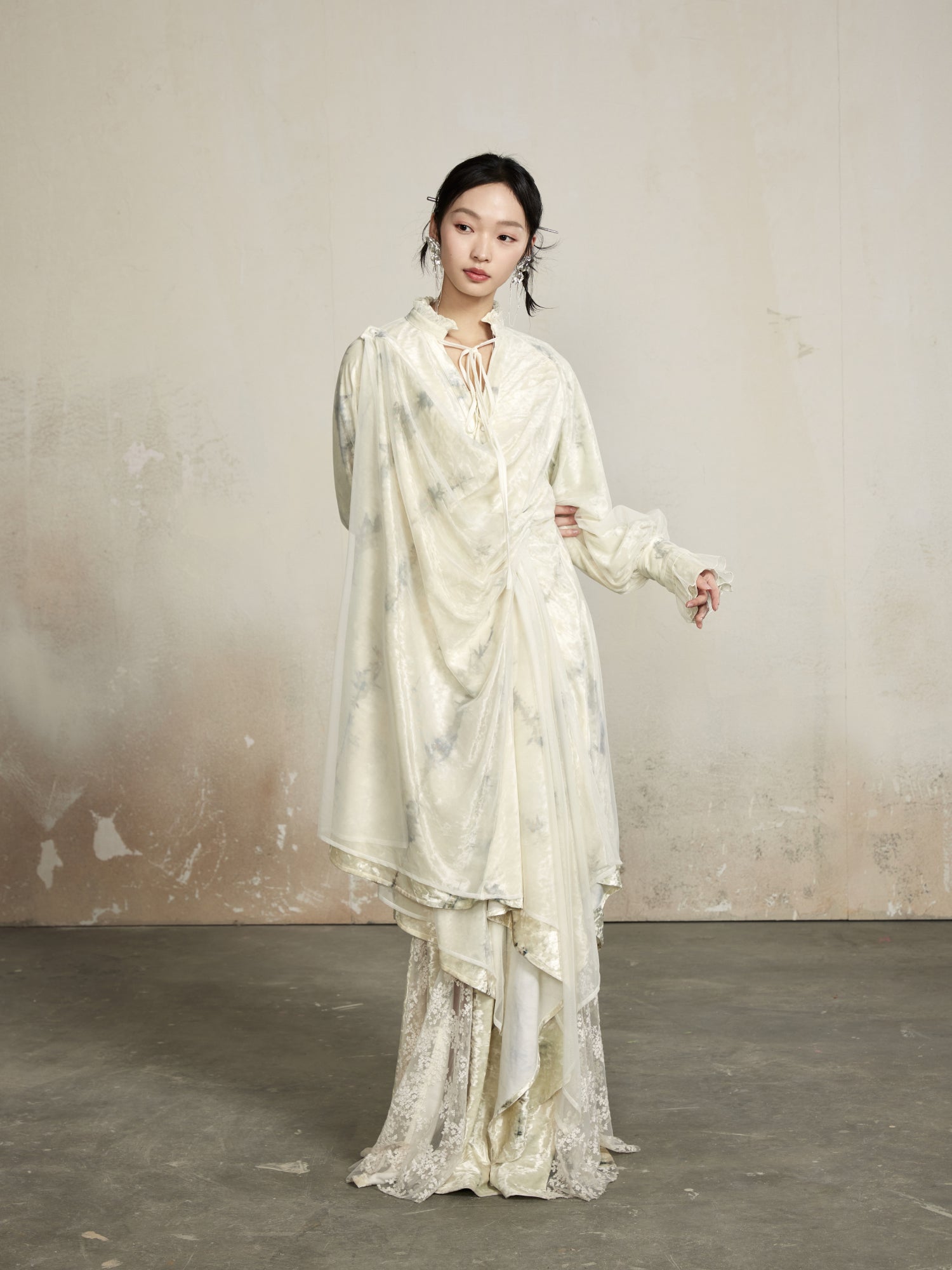 Asymmetry Classy Drape Sheer Long Gather Glossy Outer