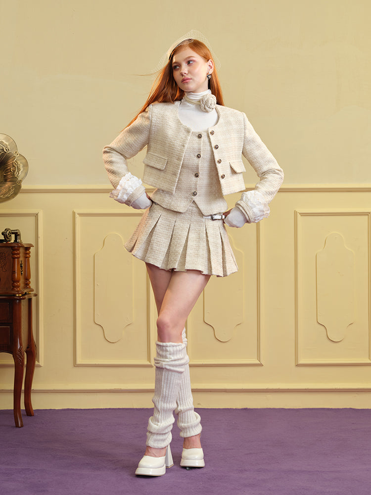 Tweed Lace Feminine Cute Jacket&Vest&Mini-Skirt&Long-Skirt