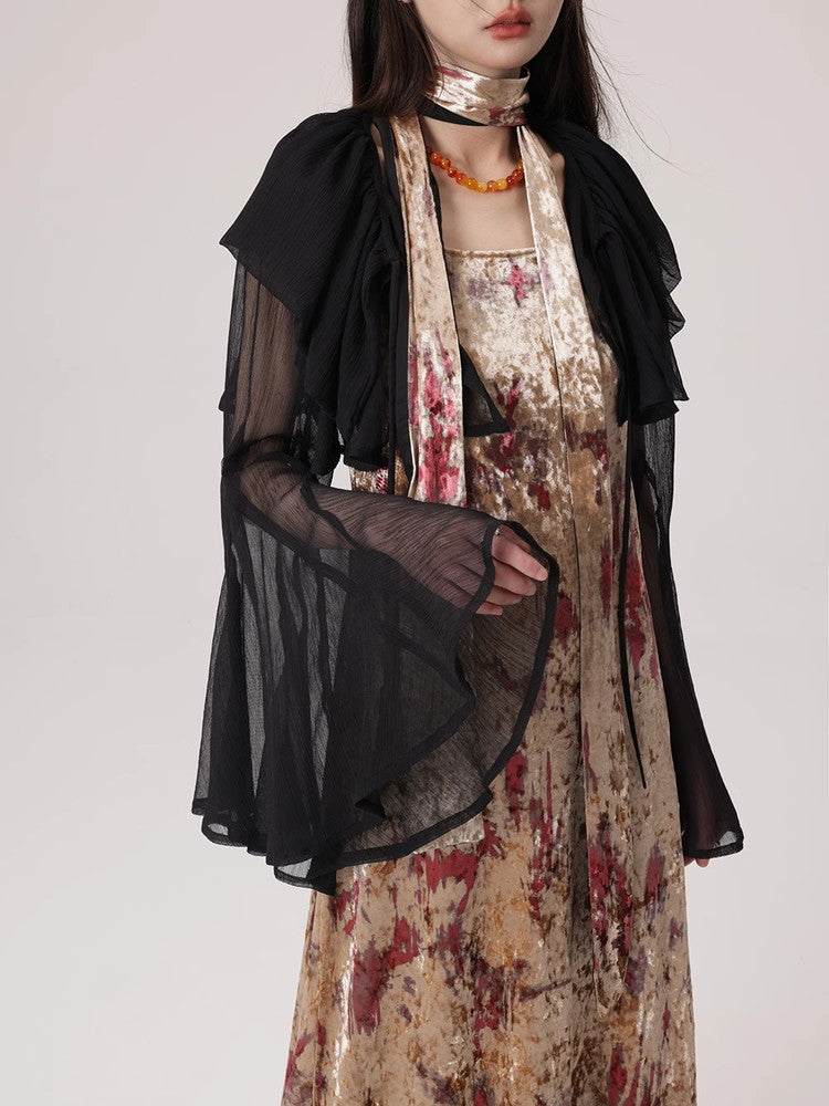 Velvet Long Camisole Flower Vintage One-Piece