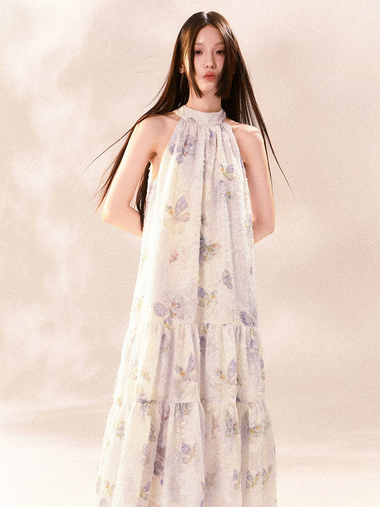 American-Sleeve Pale-Tone Flower Tiered No-Sleeve Long Dress