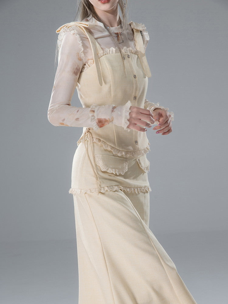 Vest&Blouse&Long-Skirt Frill Lace Suspenders Ribbon Set-Up