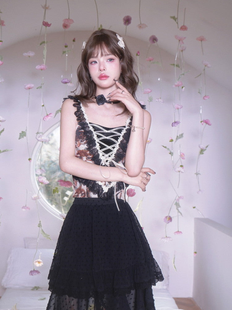 Lace Lace-Up Elegant Flower Gothic Frill No-Sleeve Tops