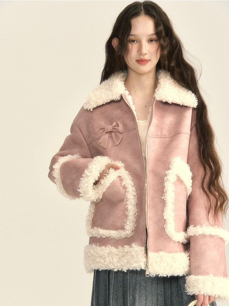 Boa Leather Cute Ribbon Oversize Jacket